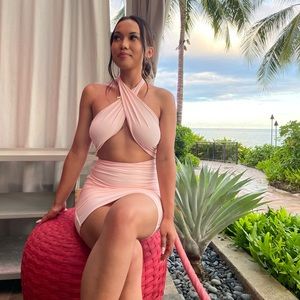PINK HALTER CROSS TIE DRESS